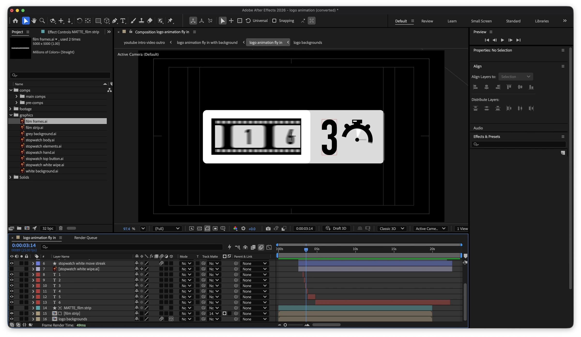 Adobe After Effects project showing the layers and timeline of the 24/60 logo animation