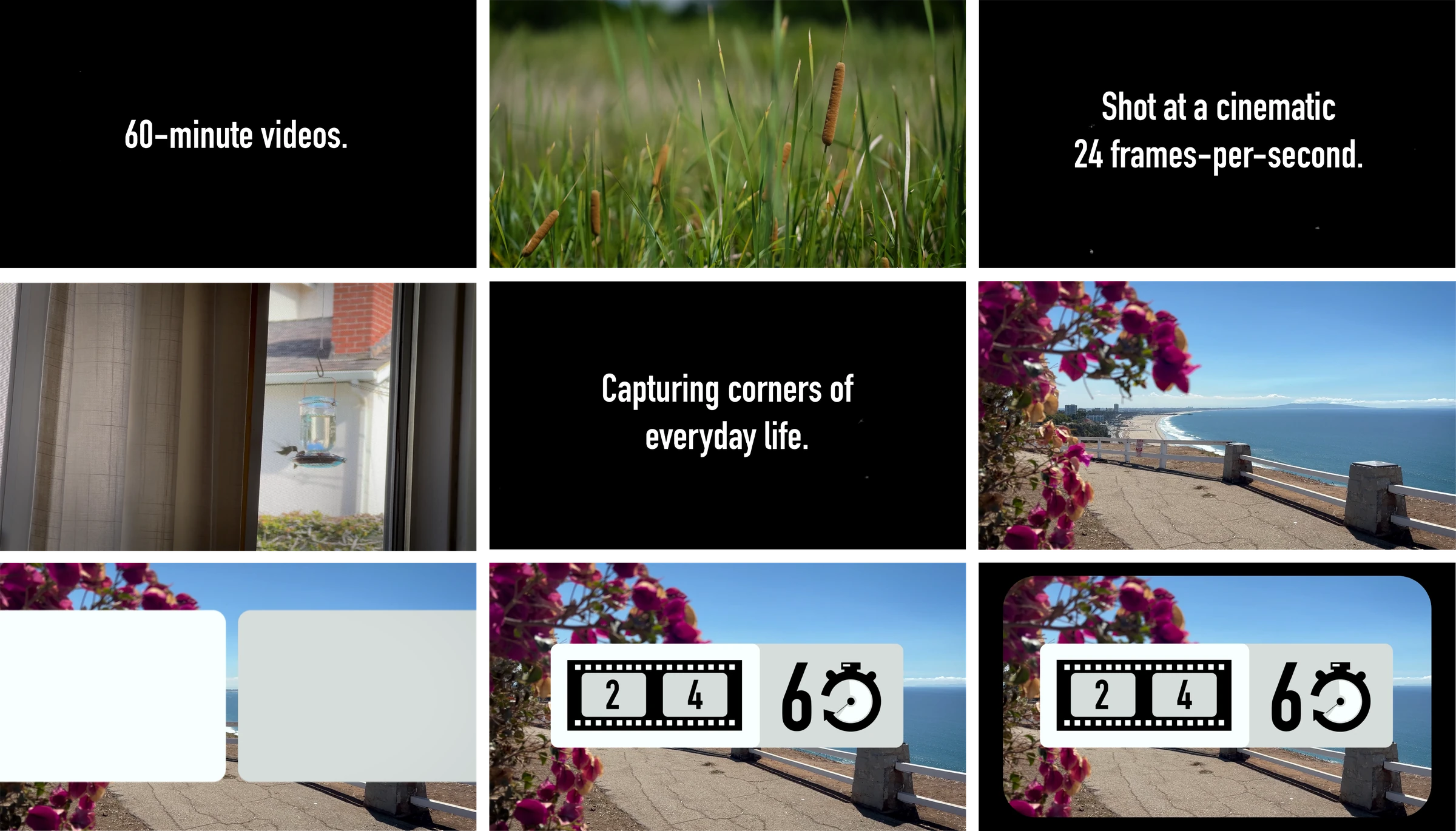 Style frames from the 24/60 Film Productions promotional video: title cards, nature and coastal footage, the logo wipe-in, and the logo watermark over video