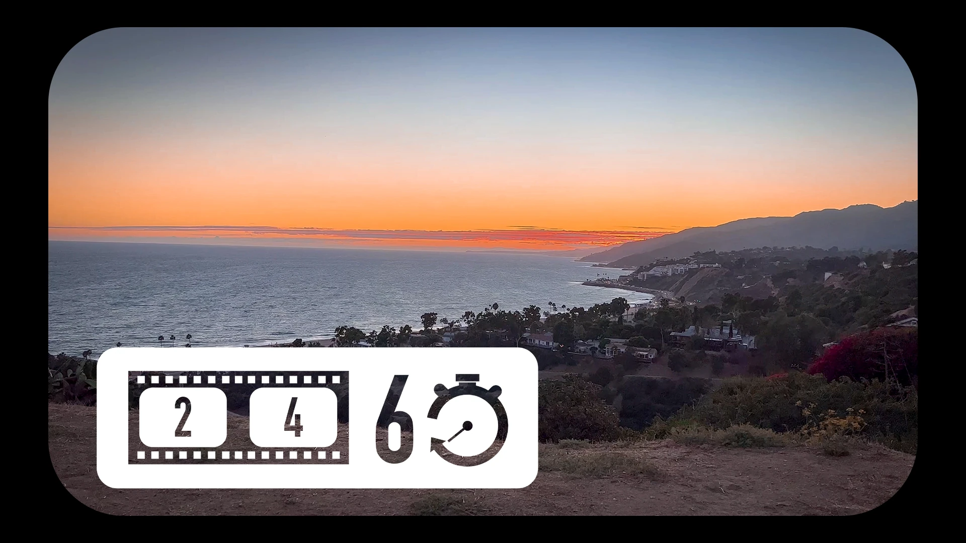 Video thumbnail showing a sunset over the Pacific coast with the 24/60 logo as a watermark in the lower left