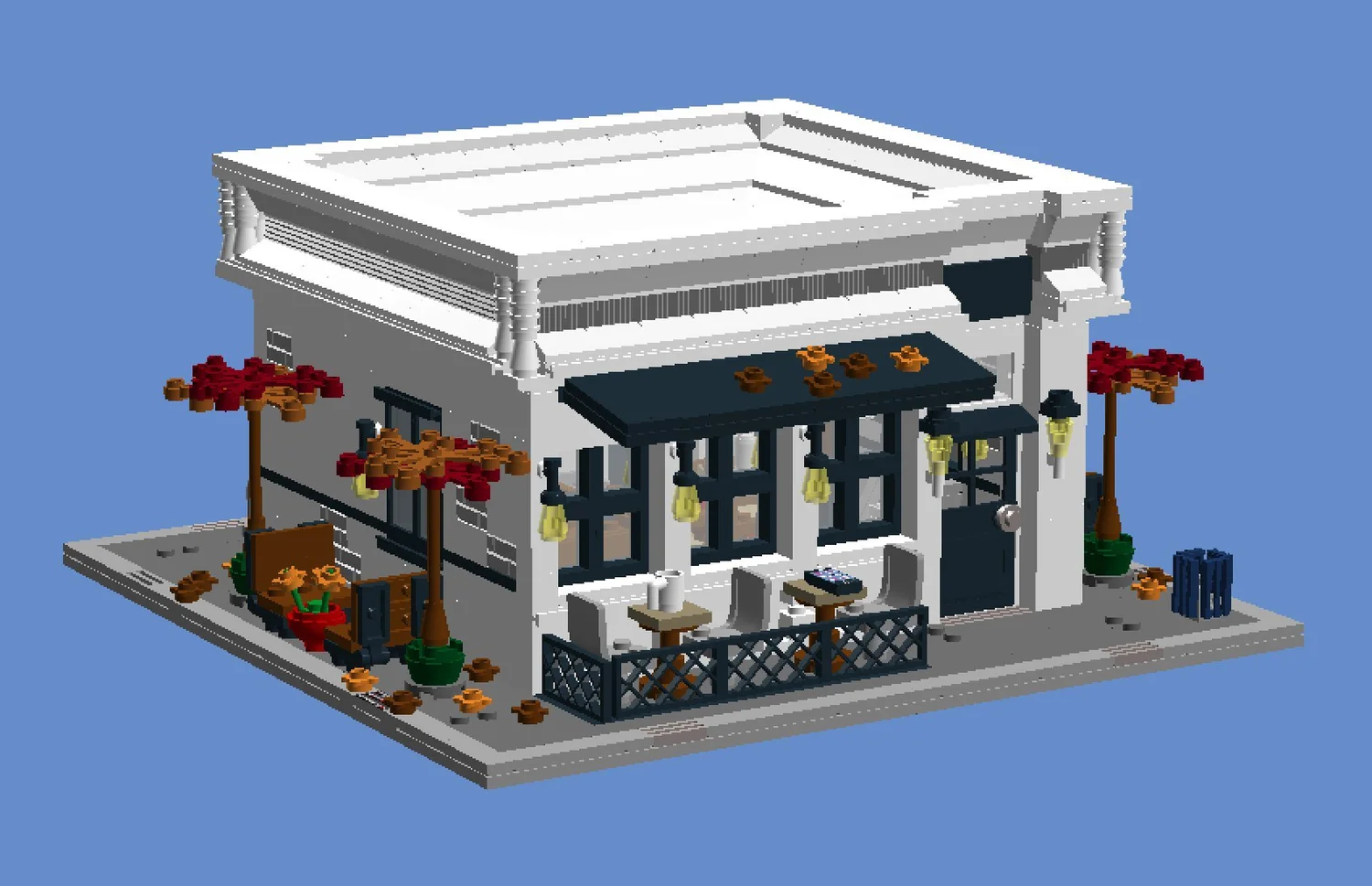 The final digital design of the Autumn Café LEGO set, rendered in LEGO Digital Designer