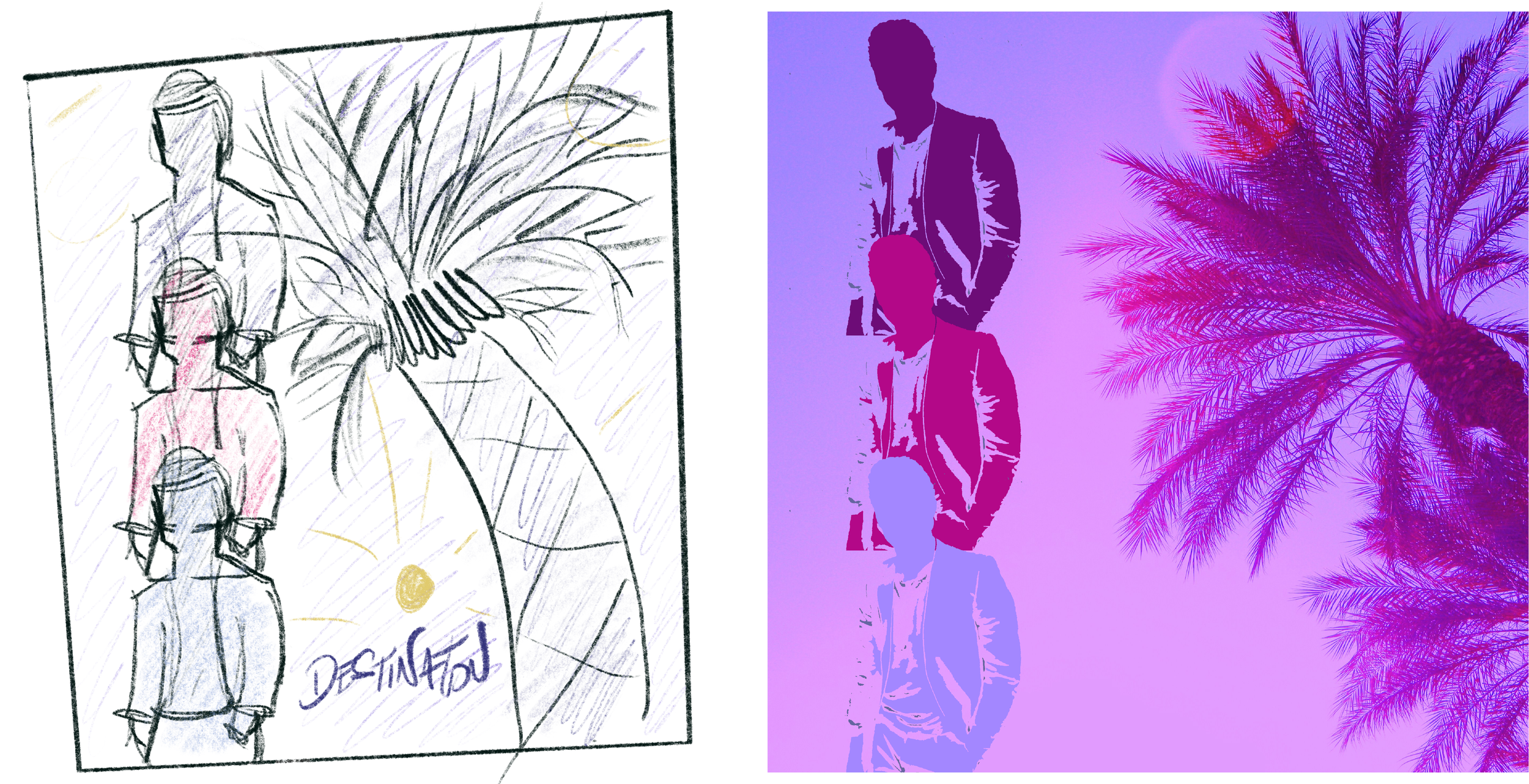 First concept sketch alongside an early draft of the design