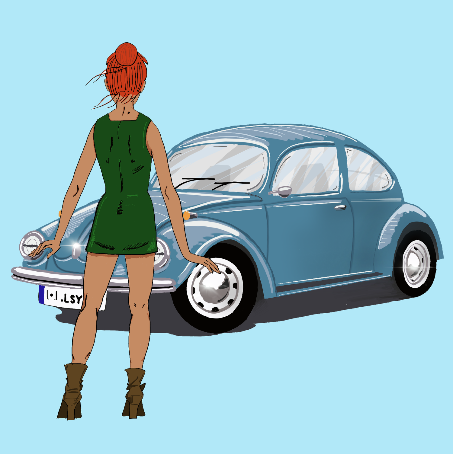 1968: a woman in a green dress standing in front of a vintage blue VW Beetle