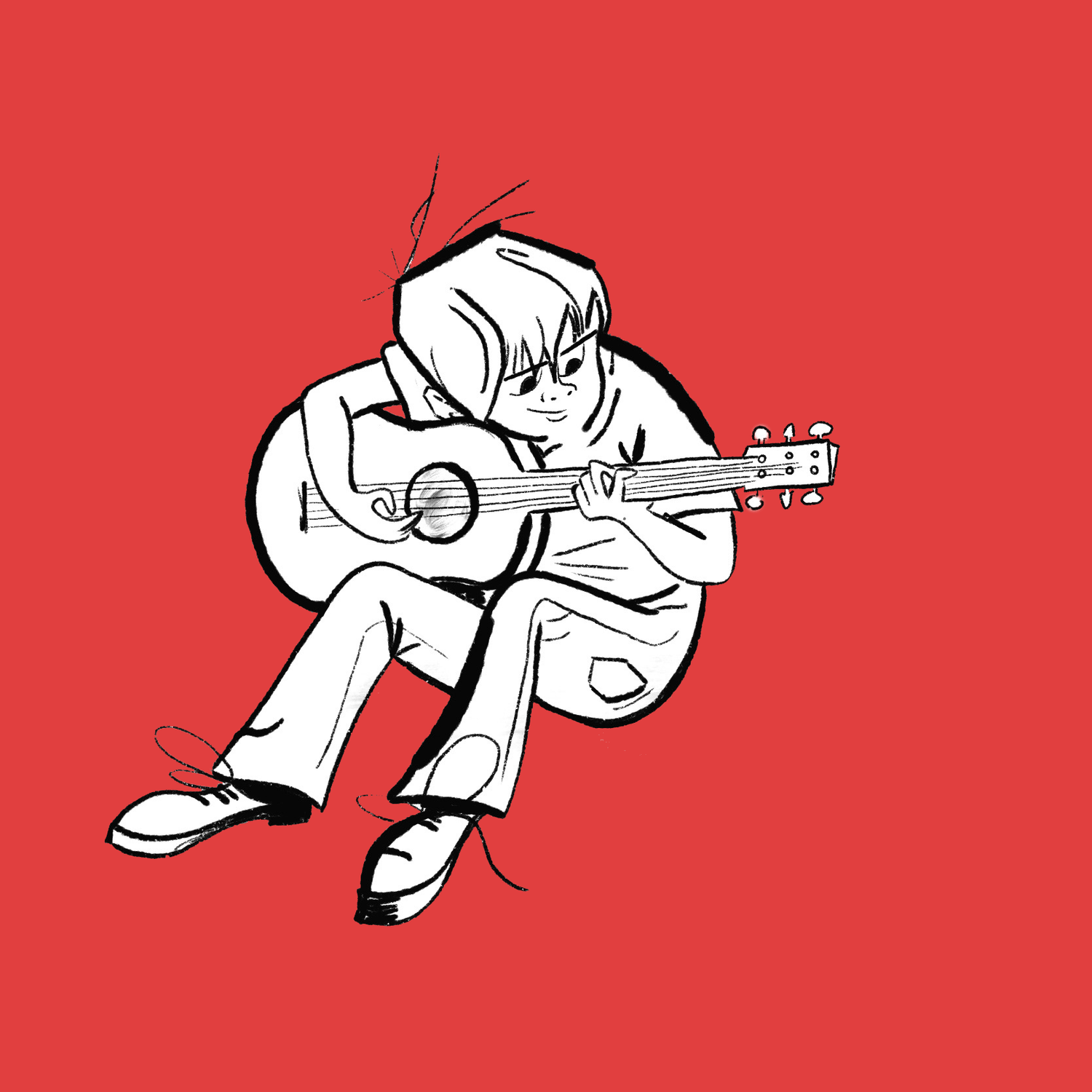 A Boy and His Guitar: a boy in jeans and sneakers sitting and playing an acoustic guitar on a red background