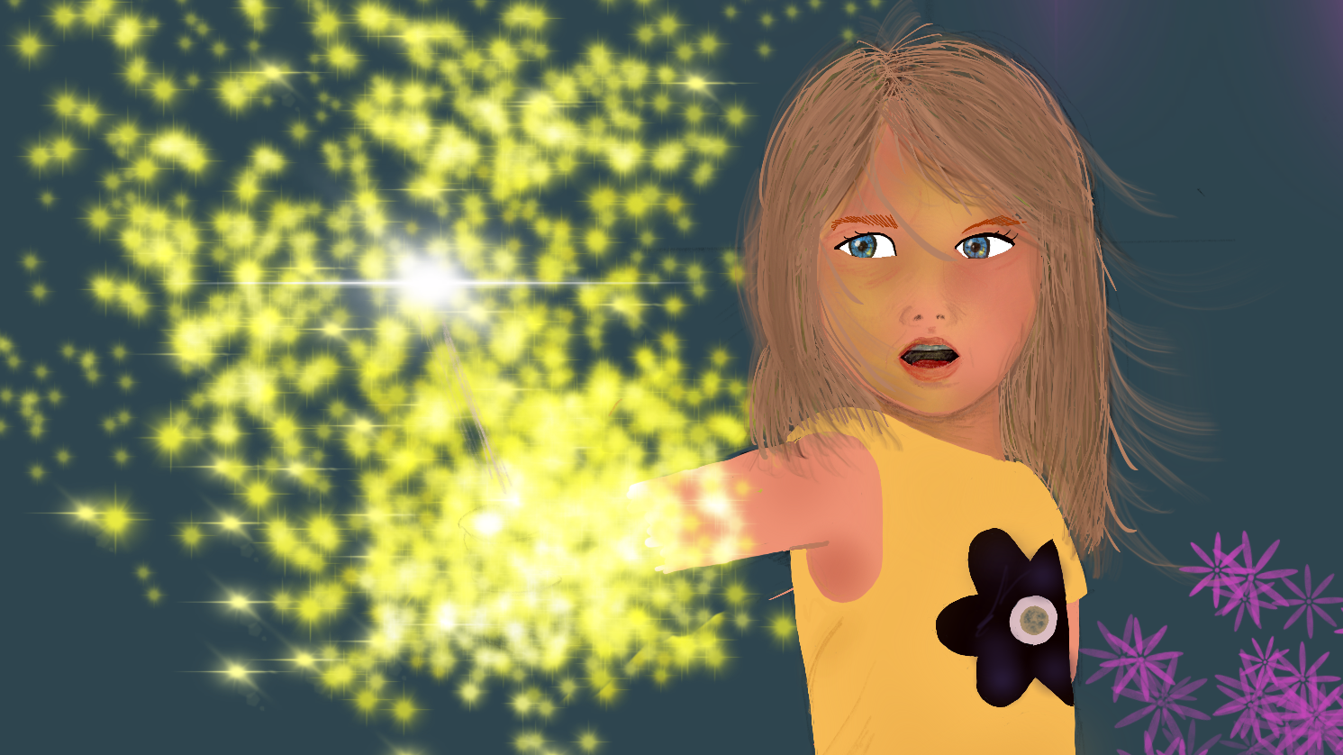 A Girl and Her Sparkler: a girl holding a glowing sparkler against a dark background