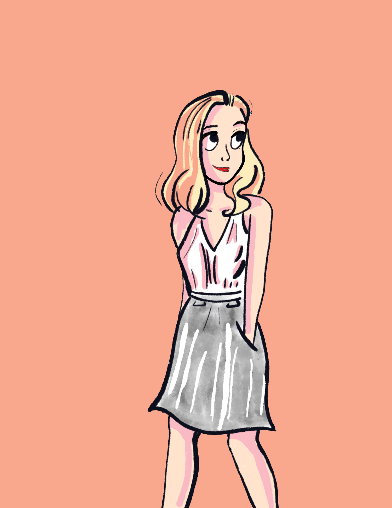 Girl on a Walk: a blonde girl in a white top and gray skirt on a peach background