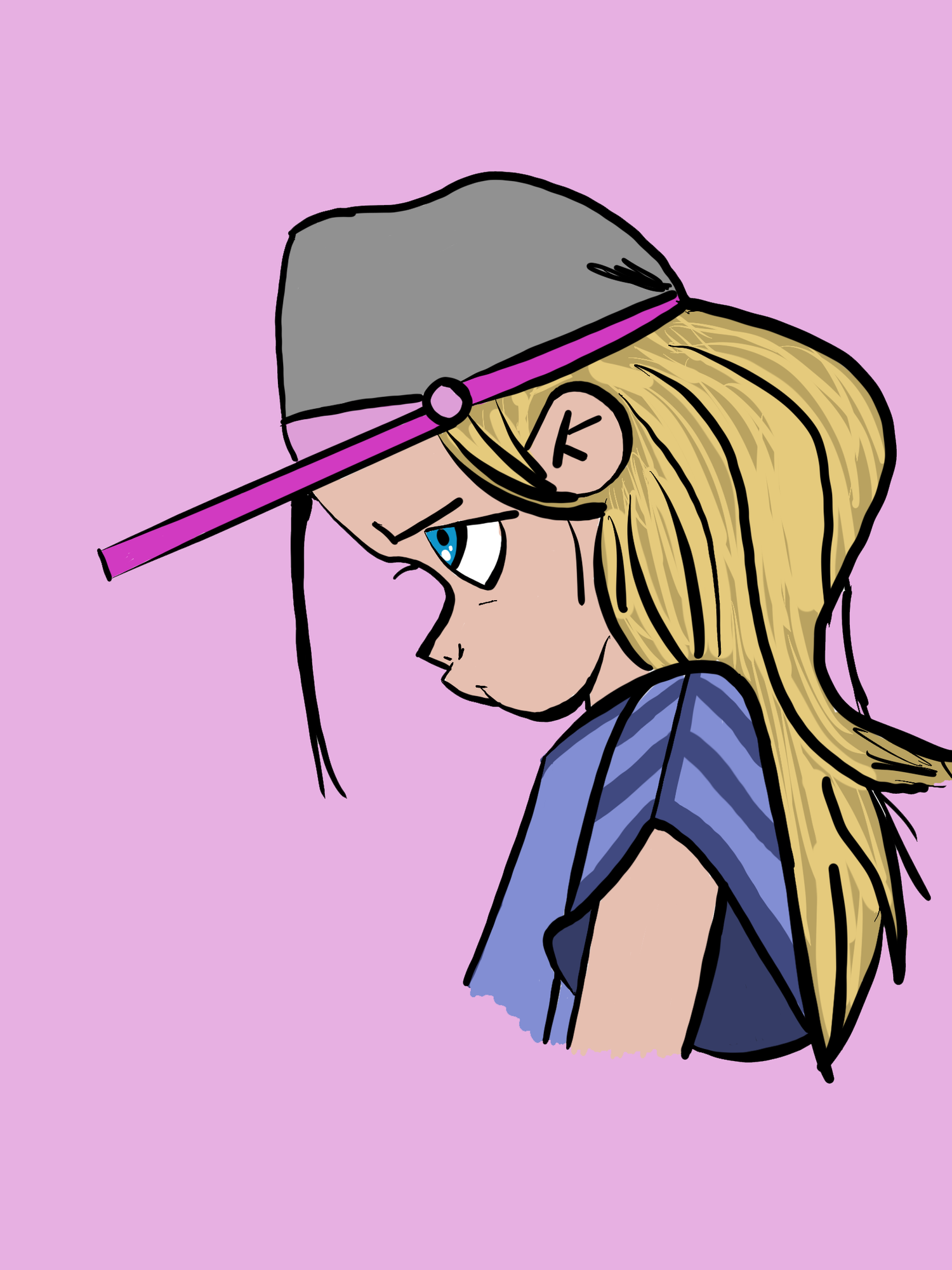 Pouting Parker: a pouting child in a backwards cap on a pink background