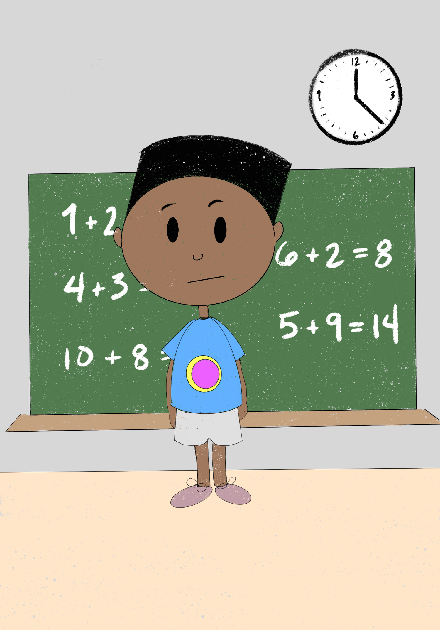 School Dayz: a boy standing in front of a chalkboard with addition problems