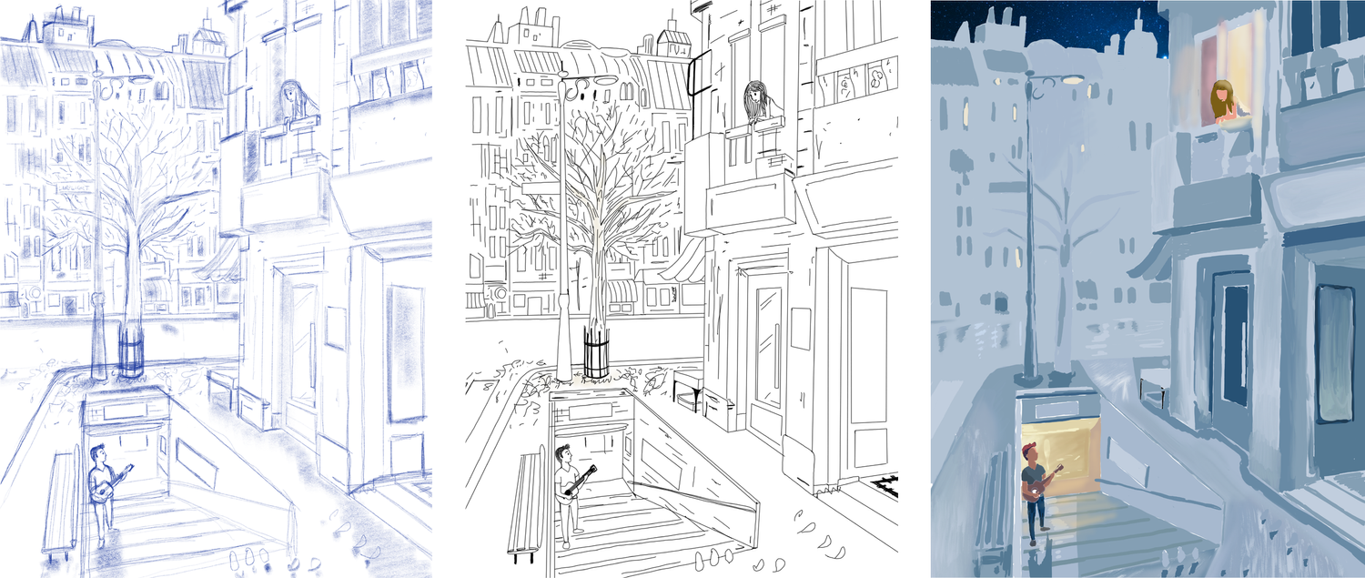 Sketch, ink, and paint stages of The Boy, The Girl, and The City shown side by side