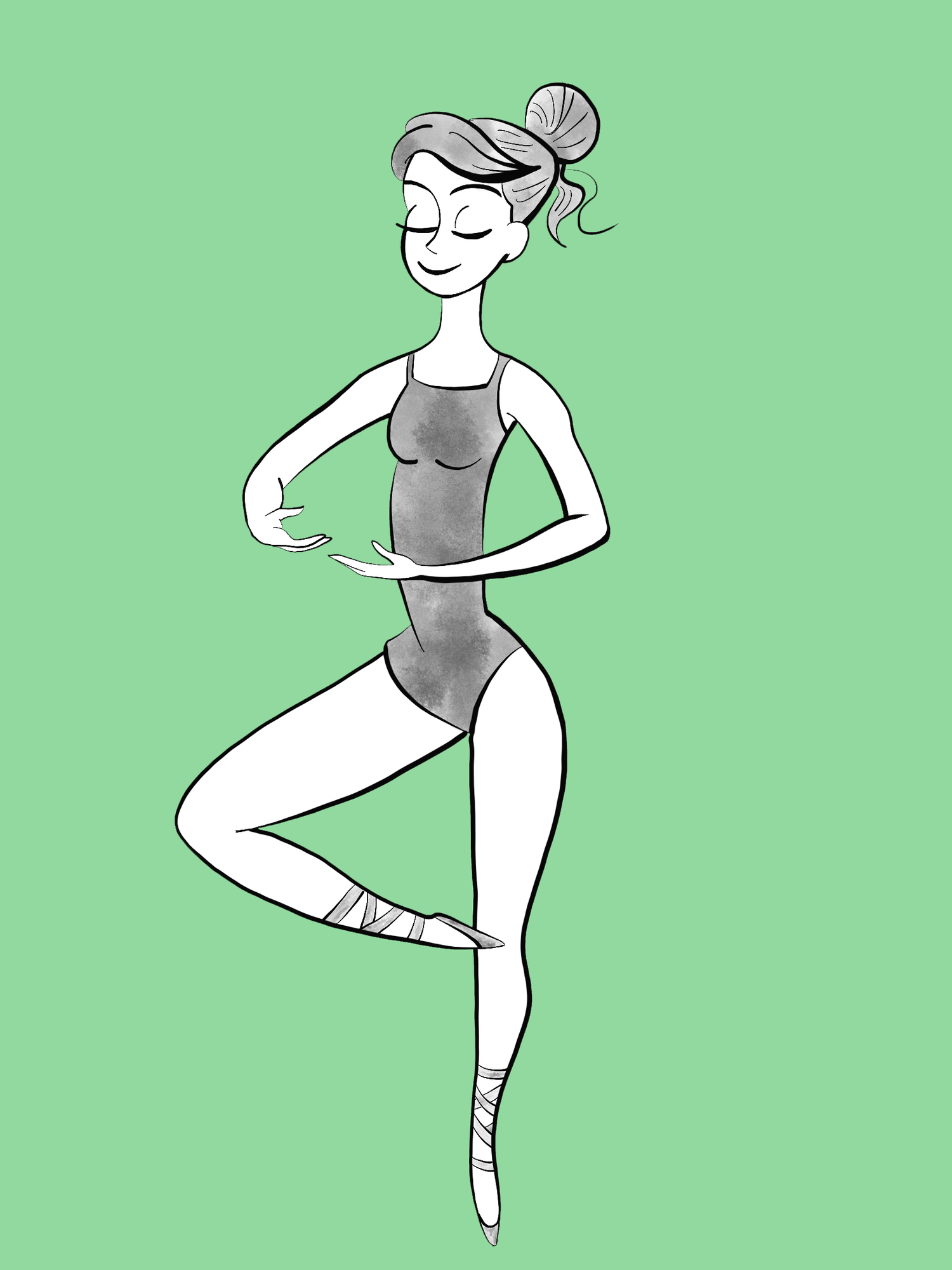 The Ballerina: a ballerina in a gray leotard balancing in a pirouette pose on a green background