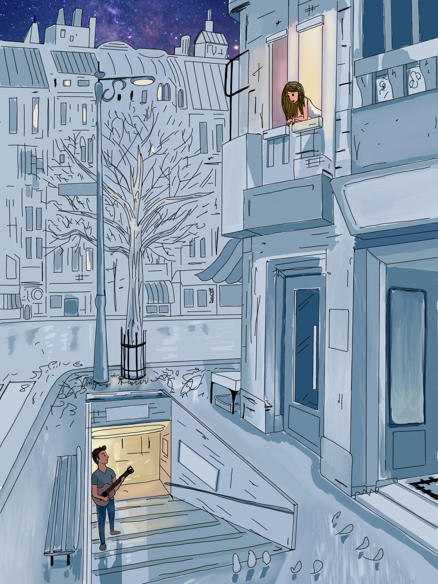 The Boy, The Girl, and The City: a guitarist in a subway entrance serenading a woman on a balcony under a night sky