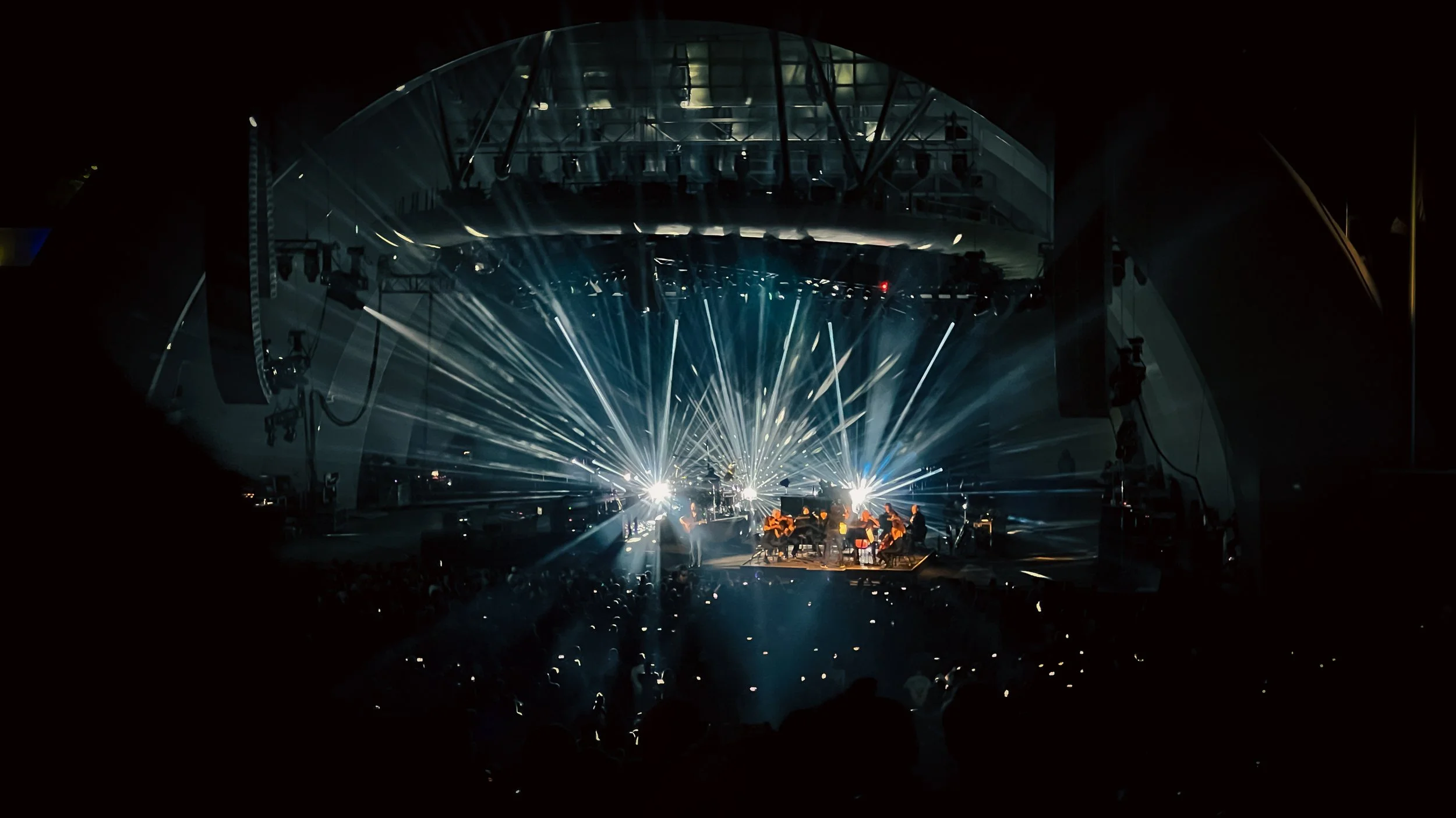 Hollywood Bowl stage lit up during a night concert