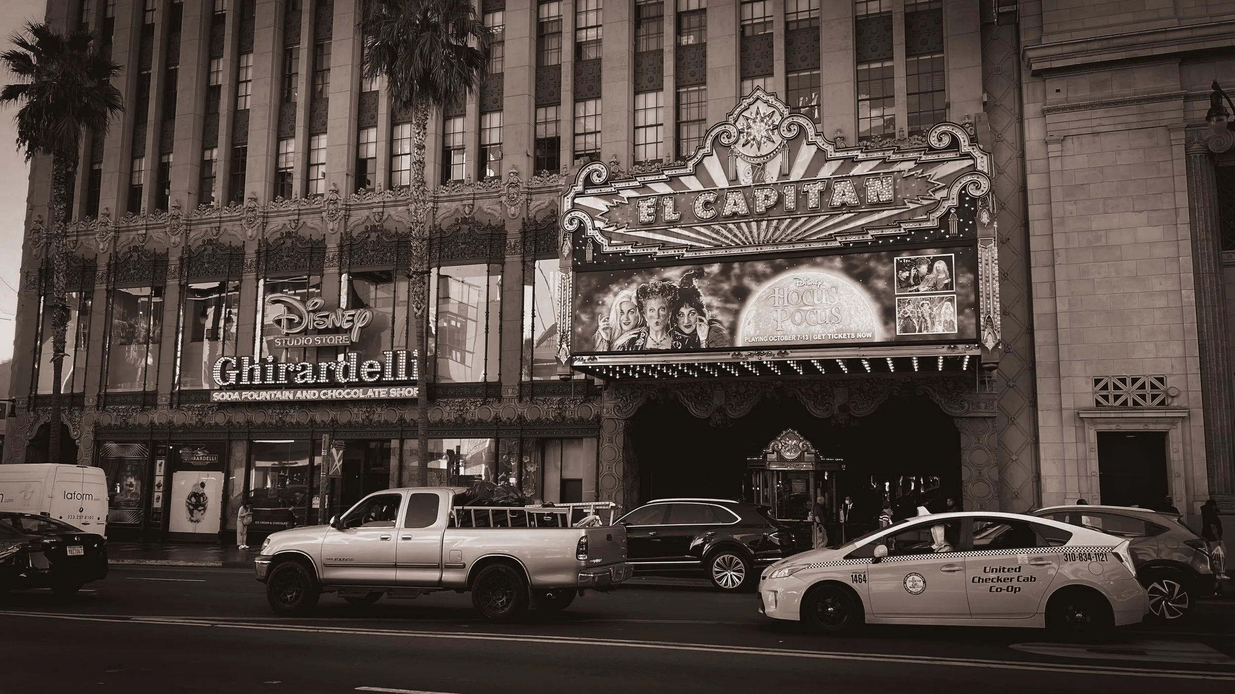 El Capitan Theatre marquee on Hollywood Boulevard, black and white
