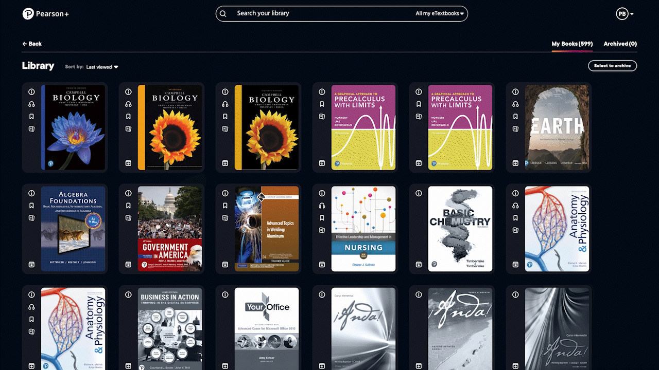 3D product shot of the Pearson library screen