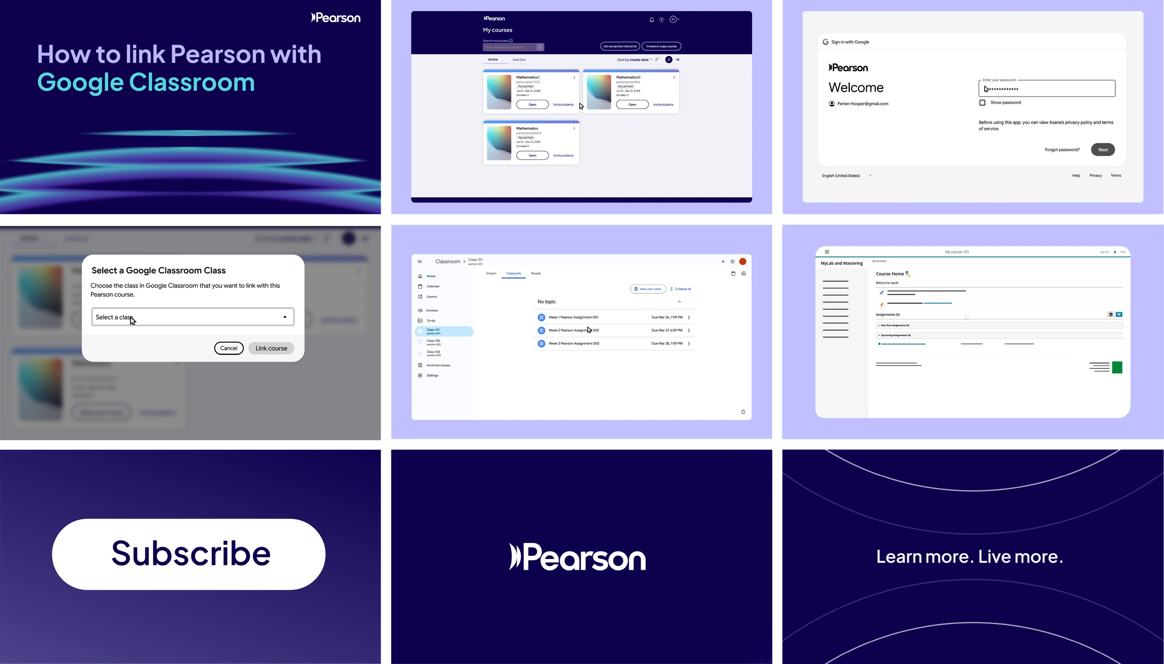 Style frames for the How to link Pearson with Google Classroom video: title card, UI screens, subscribe button, Pearson logo and outro
