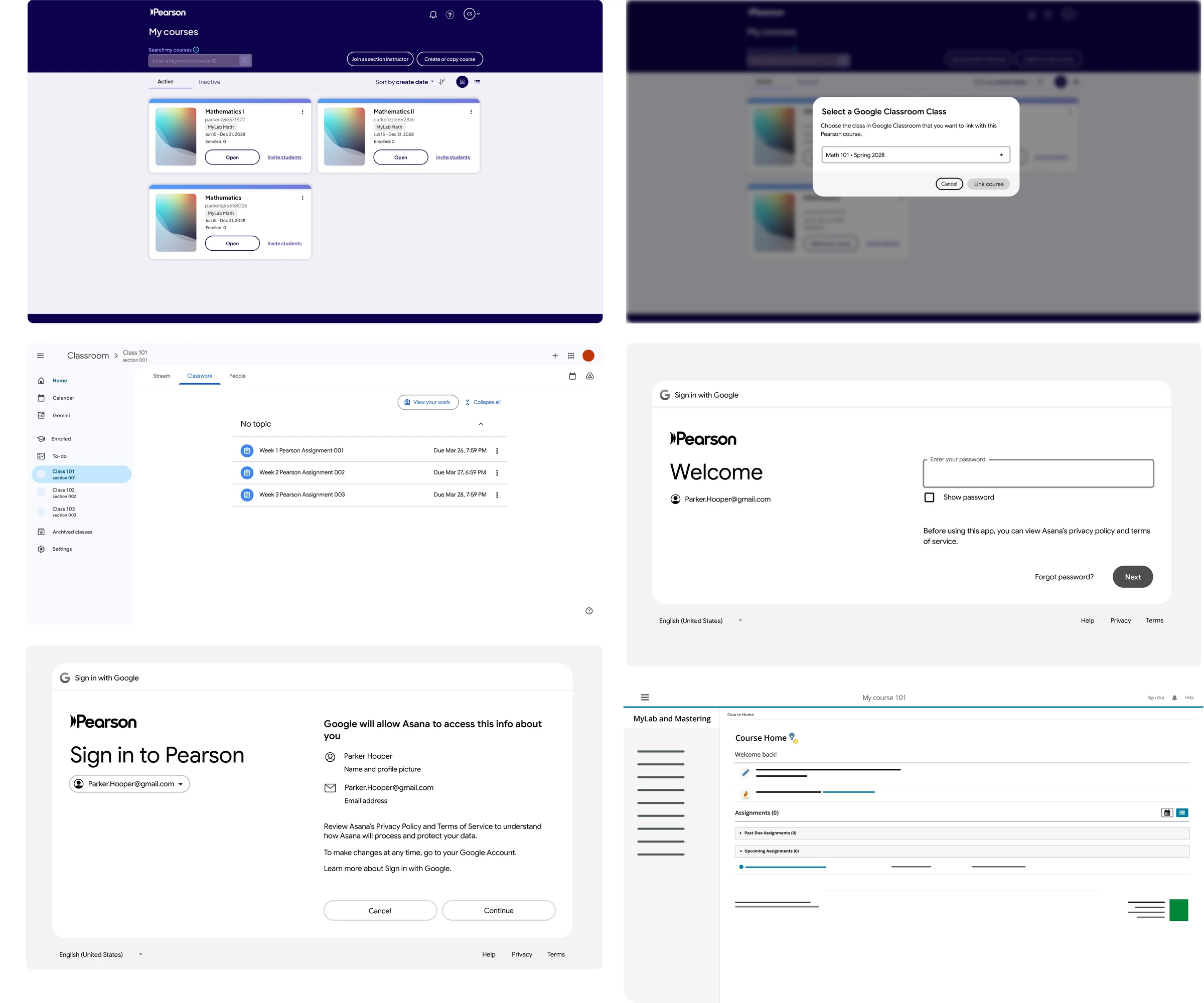Collage of the Pearson, Google Classroom and Sign in with Google interface screens used in the video