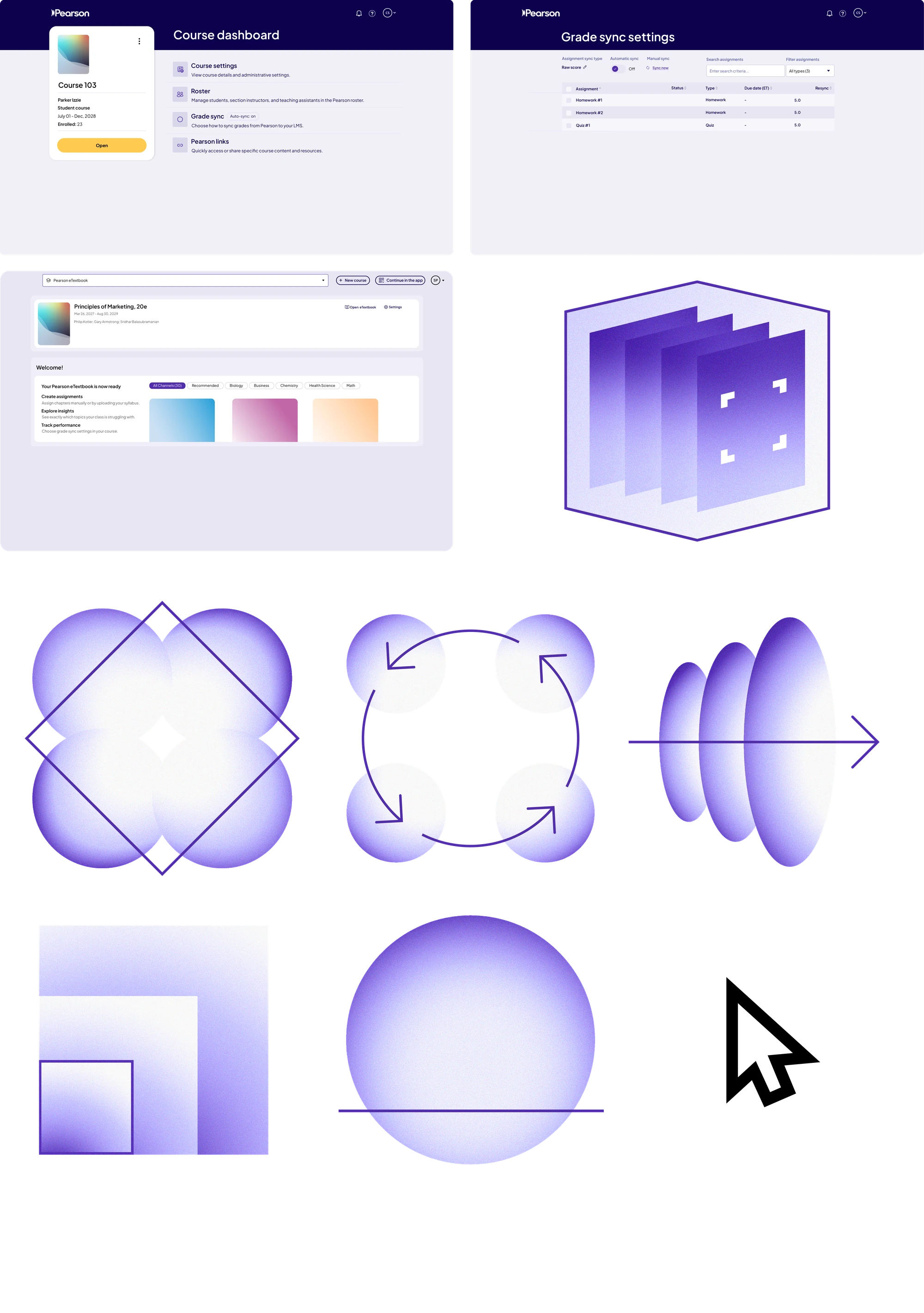 Collage of the Course dashboard, Grade sync settings and Pearson eTextbook screens, with the custom graphics used in the video
