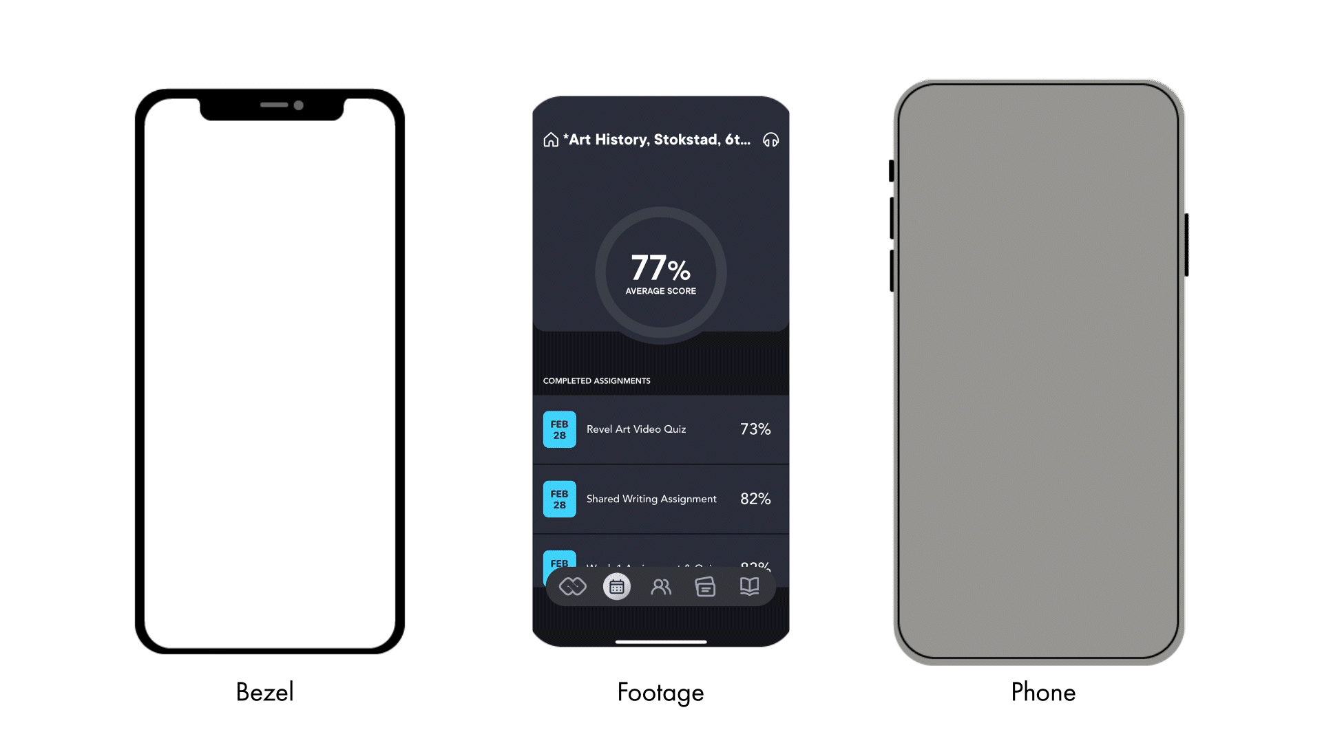 Phone composite built from a bezel graphic, a phone graphic, and masked footage