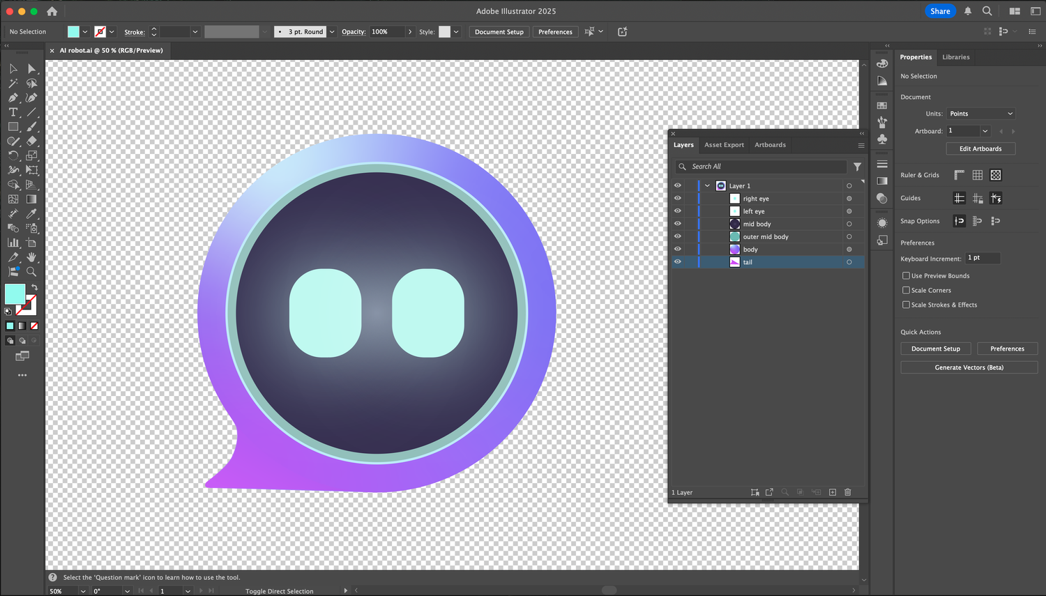 Vector illustration of an AI chat bot mascot: a purple gradient speech bubble with a dark face and glowing eyes (Illustrator project file with layers panel)