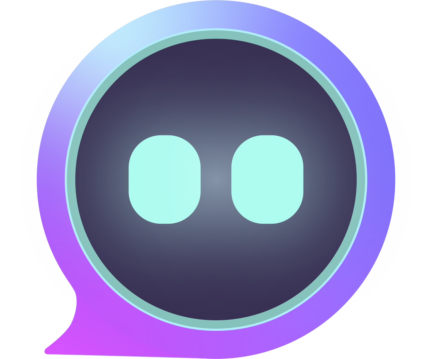 Vector illustration of an AI chat bot mascot: a purple gradient speech bubble with a dark face and glowing eyes