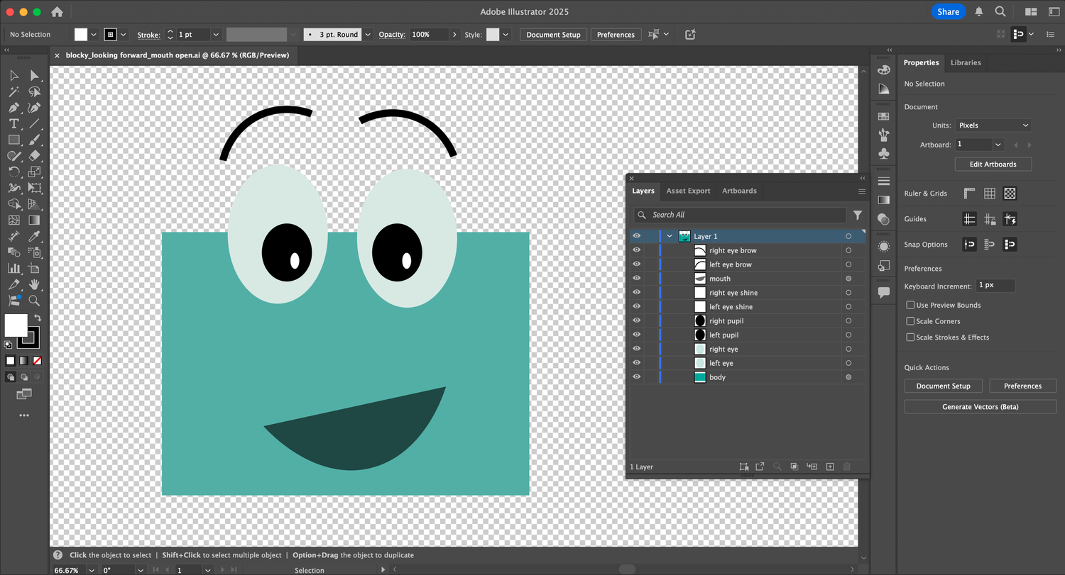 Vector illustration of Blocky, a teal rectangular character with big eyes and a smile (Illustrator project file with layers panel)
