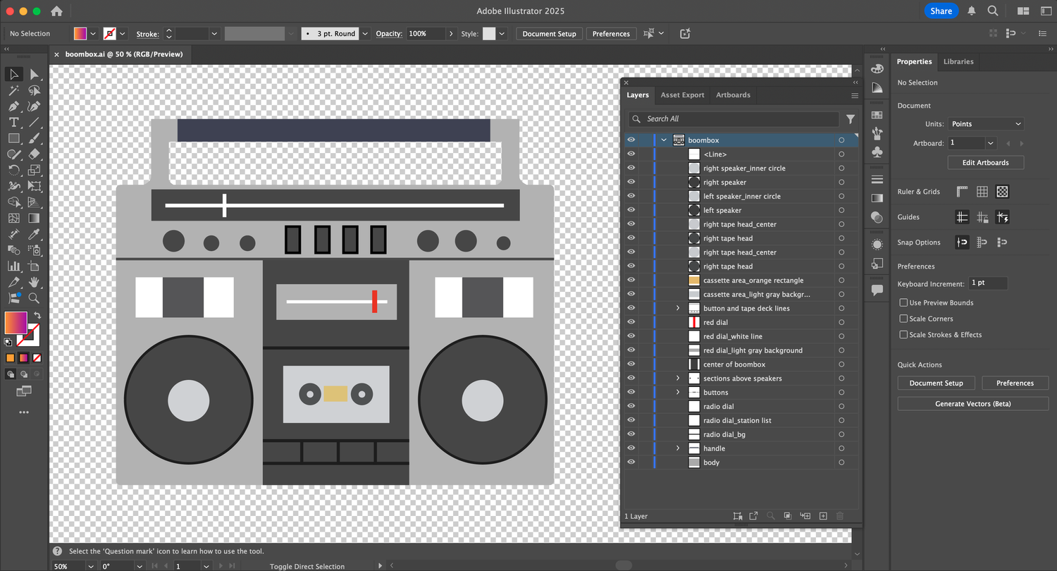 Vector illustration of a gray boombox with two speakers and a cassette deck (Illustrator project file with layers panel)