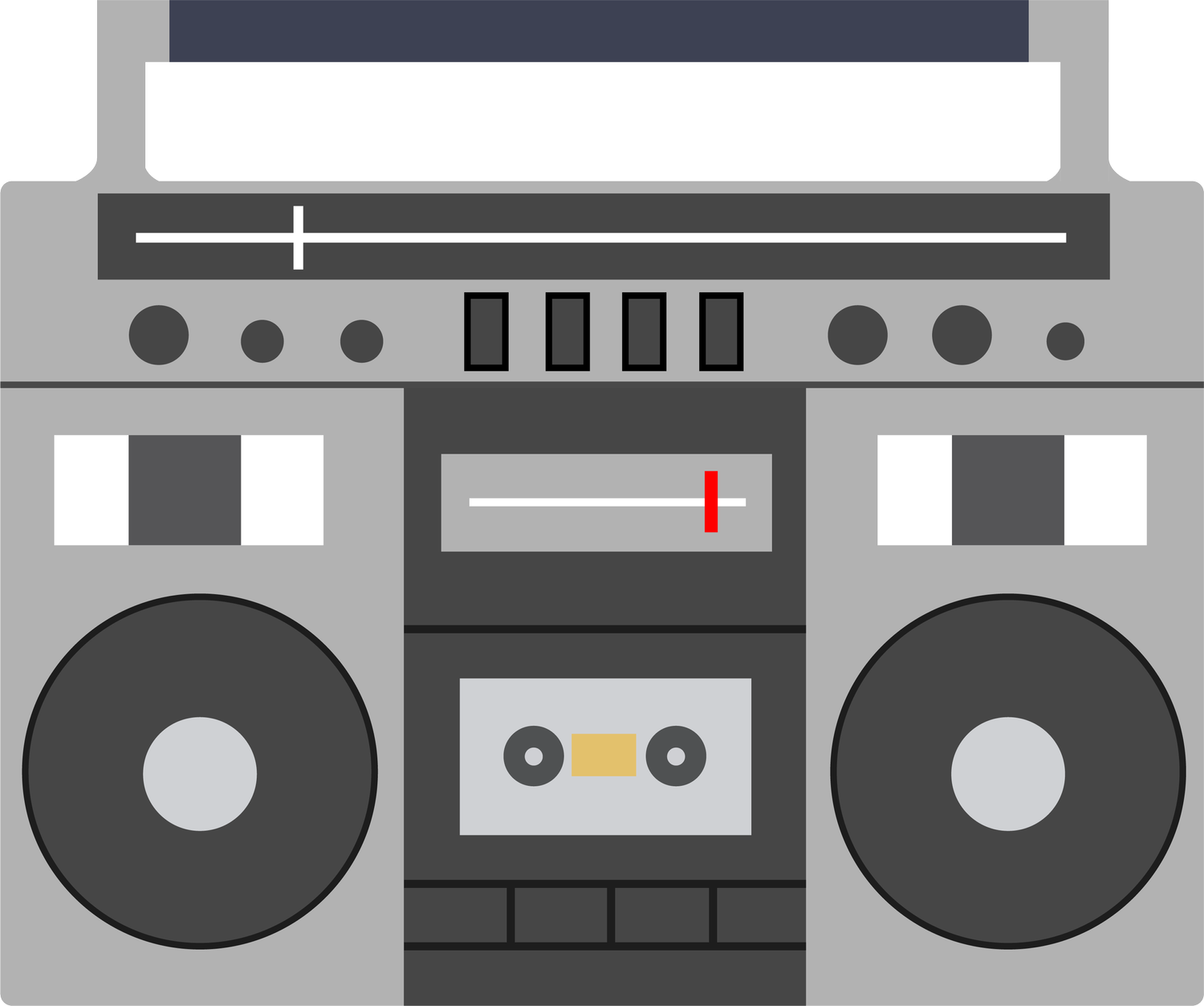 Vector illustration of a gray boombox with two speakers and a cassette deck