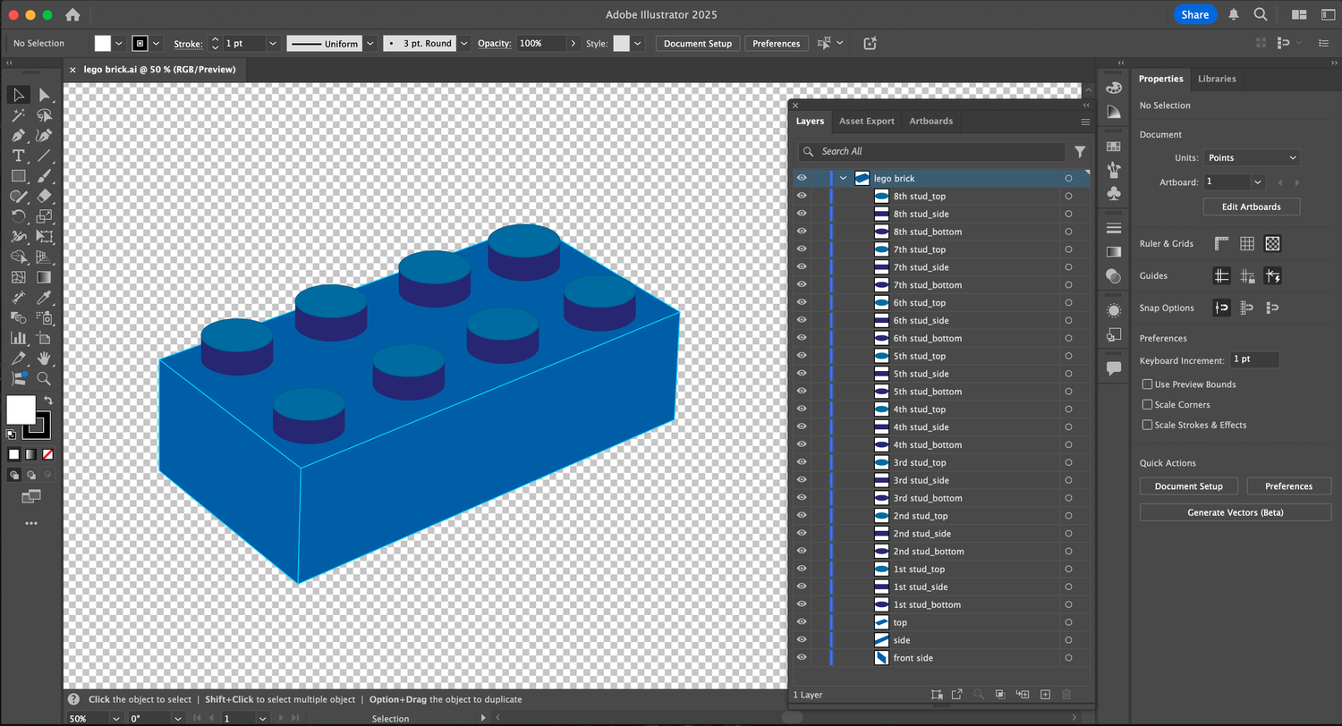 Vector illustration of a blue eight-stud building brick (Illustrator project file with layers panel)