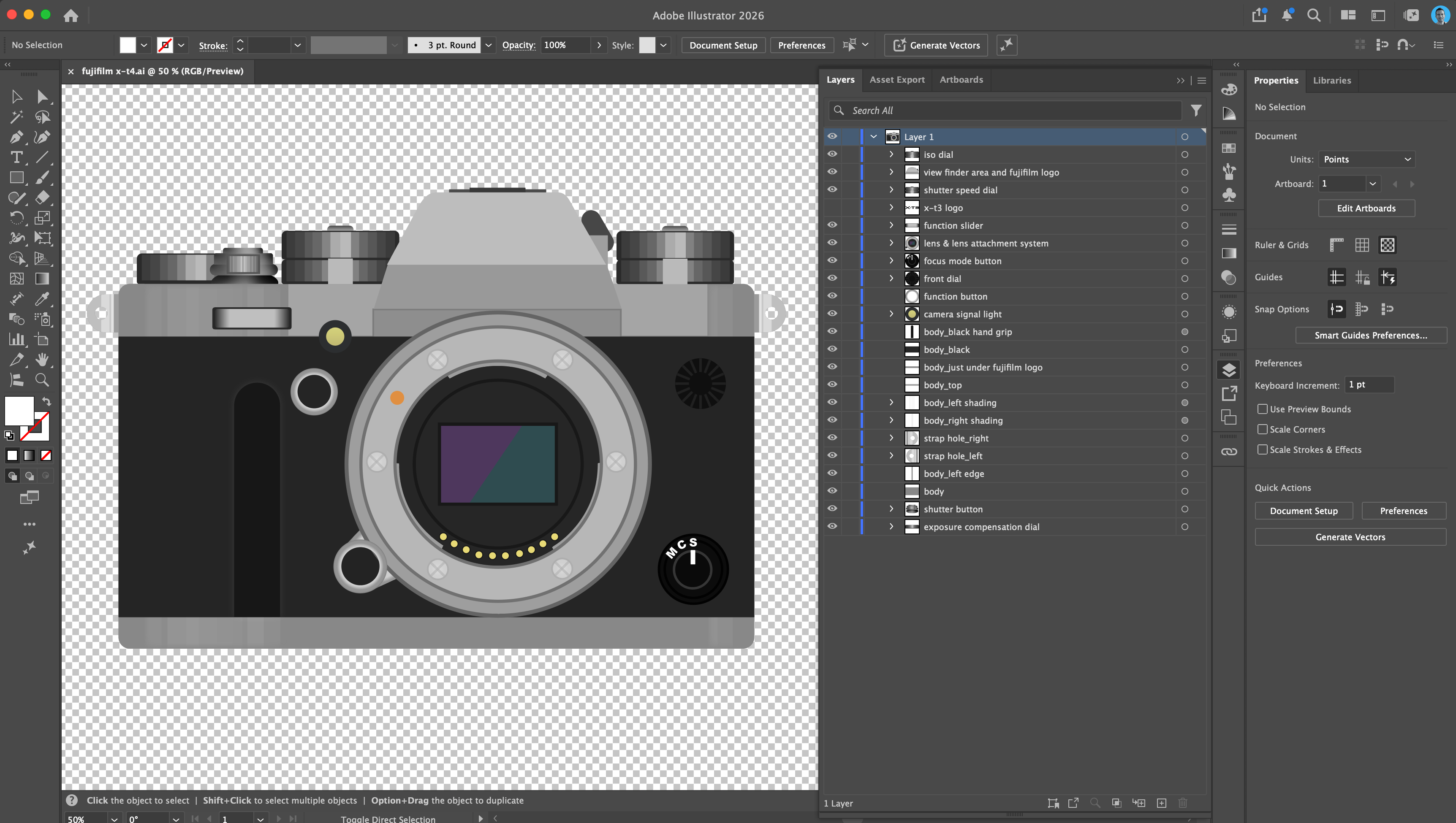 Vector illustration of a mirrorless camera body with dials, lens mount and sensor (Illustrator project file with layers panel)