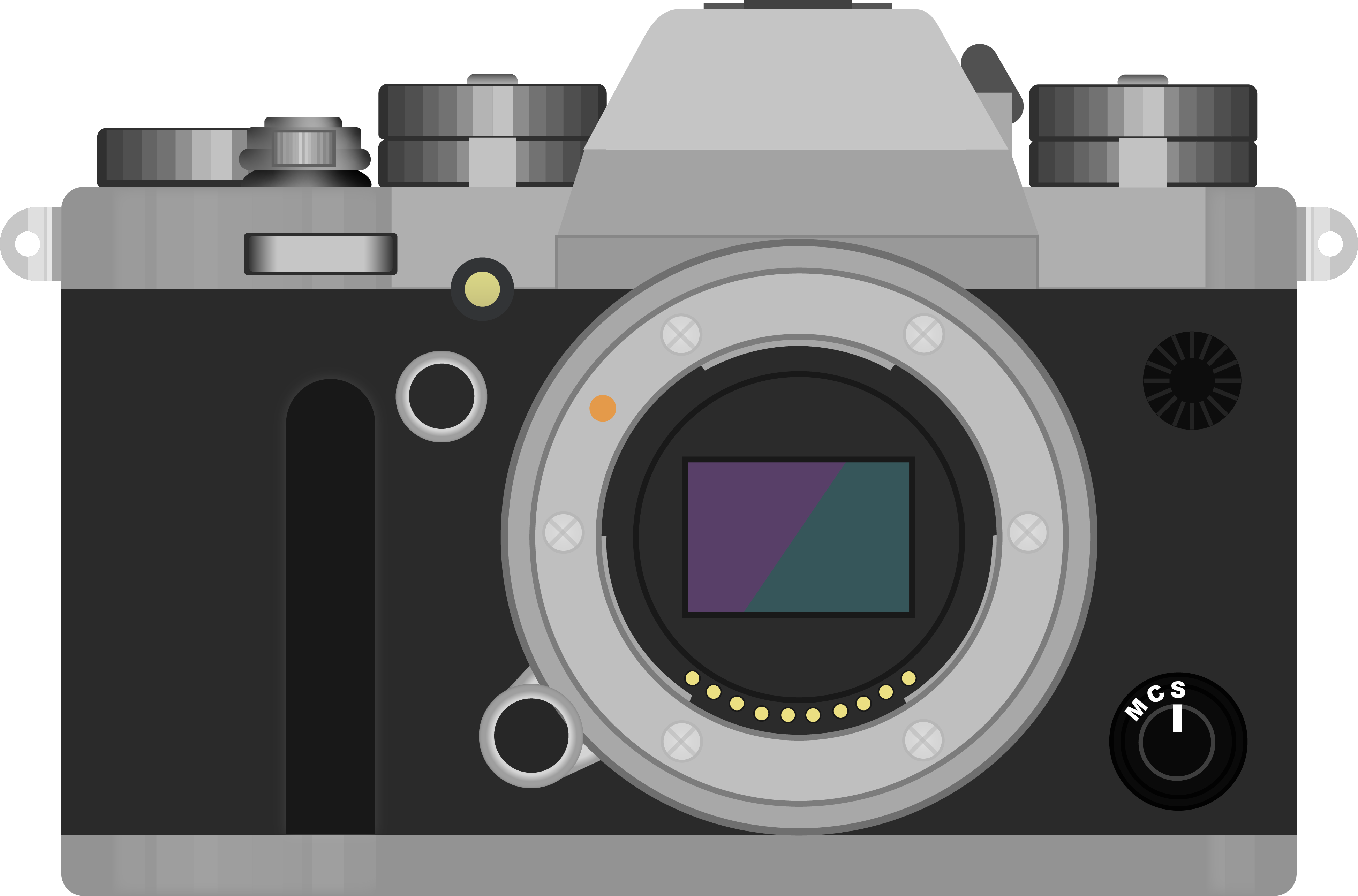 Vector illustration of a mirrorless camera body with dials, lens mount and sensor
