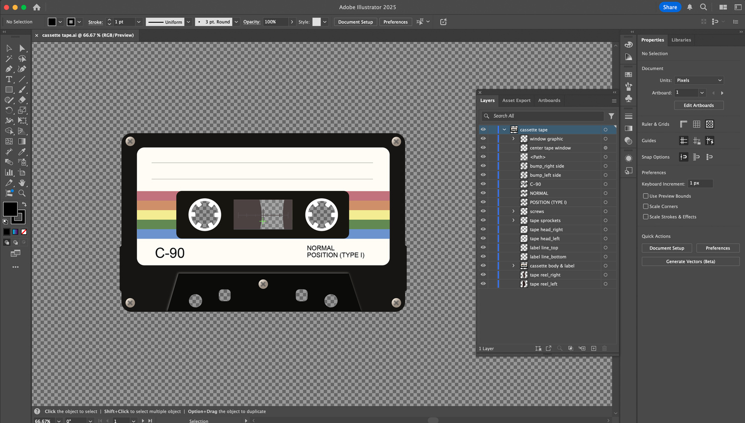 Vector illustration of a C-90 cassette tape with a rainbow-striped label (Illustrator project file with layers panel)