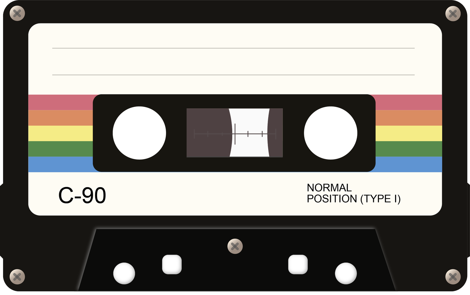 Vector illustration of a C-90 cassette tape with a rainbow-striped label