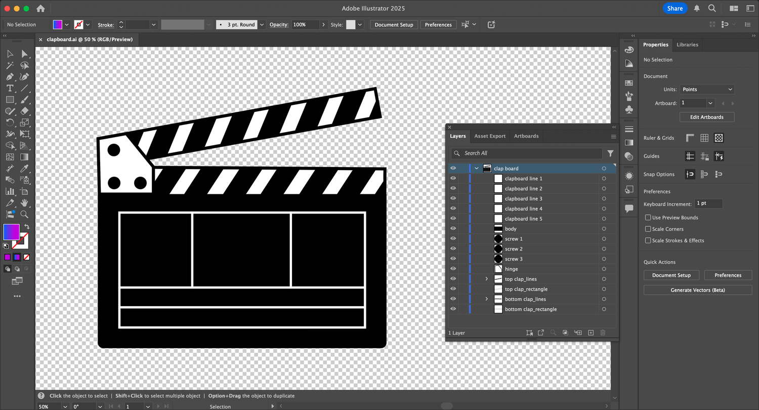 Vector illustration of a black and white film clapboard (Illustrator project file with layers panel)