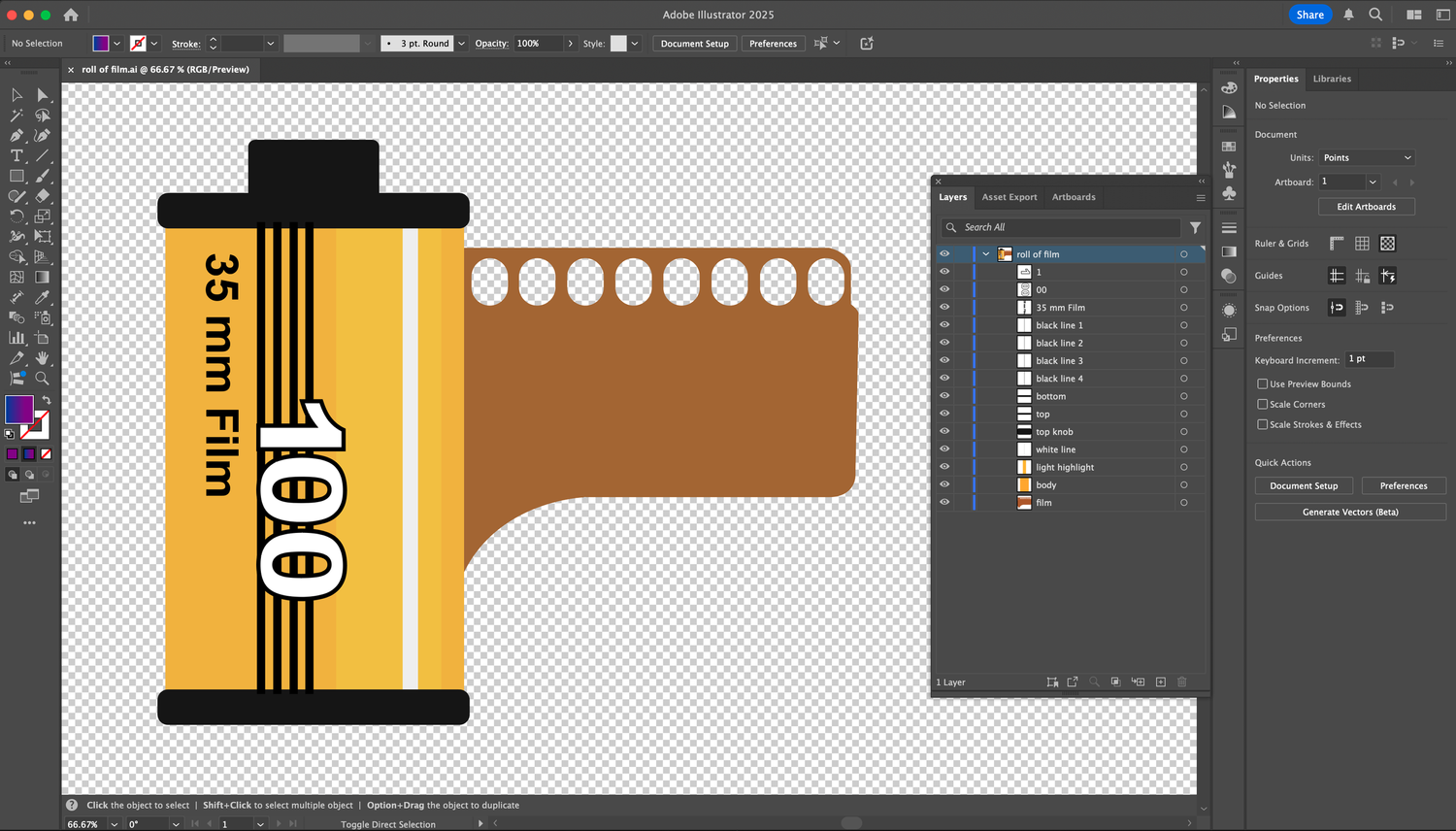 Vector illustration of a 35mm film canister with film leader (Illustrator project file with layers panel)