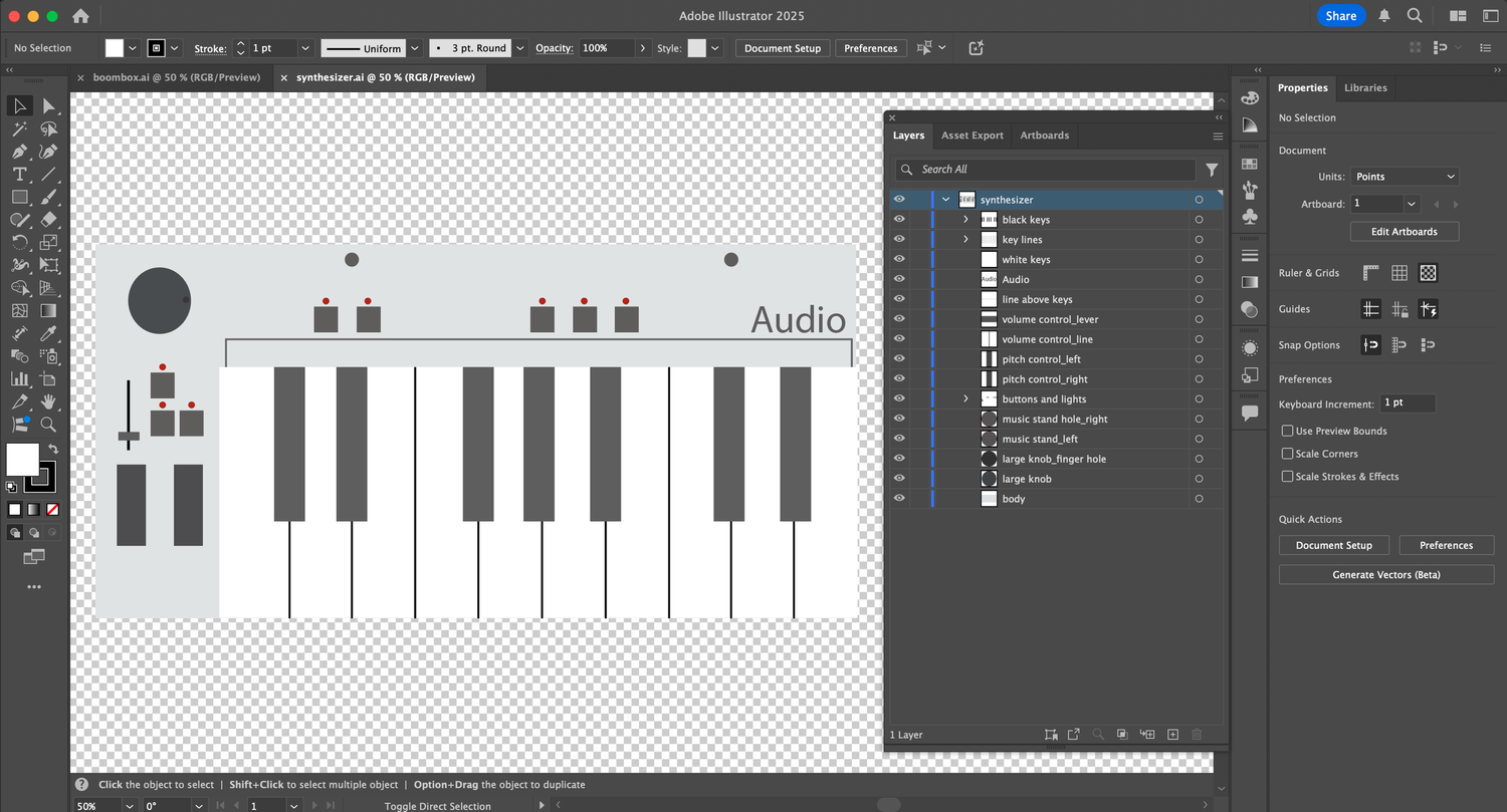 Vector illustration of a synthesizer keyboard with knobs and buttons (Illustrator project file with layers panel)