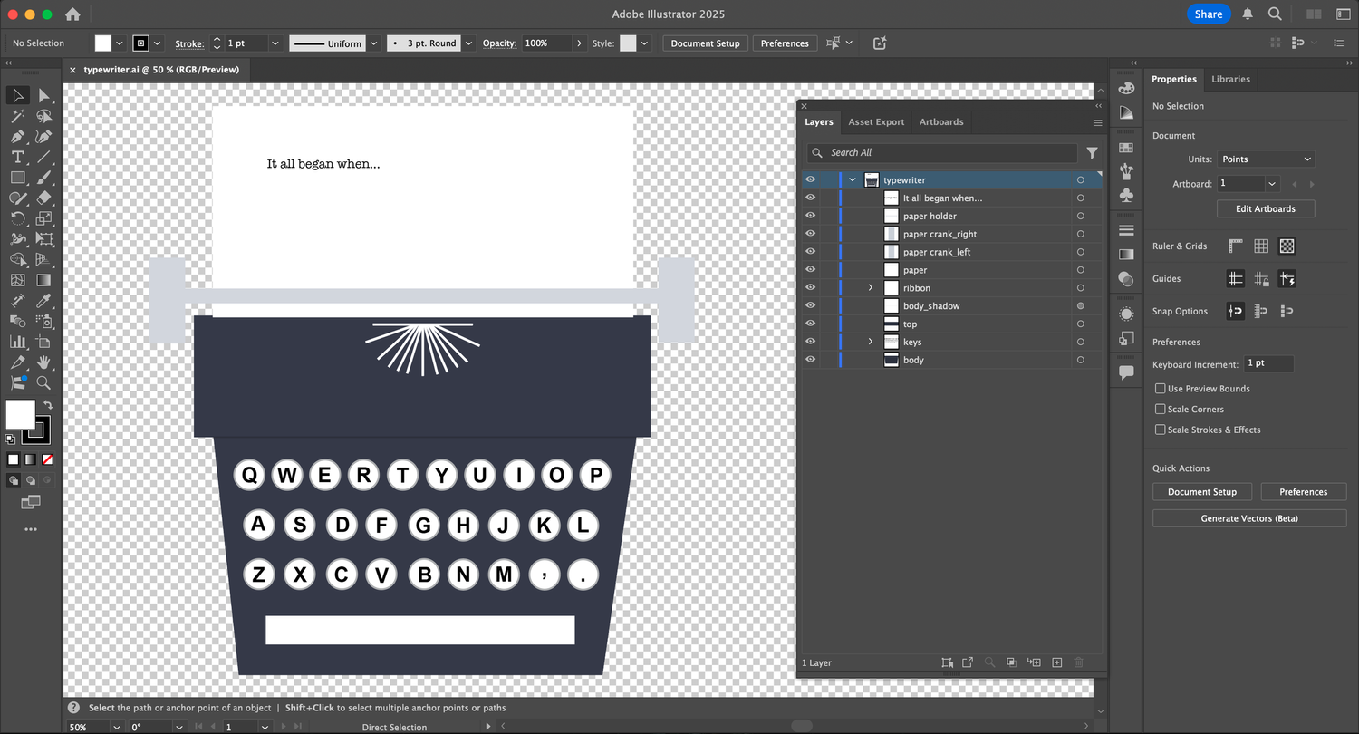 Vector illustration of a typewriter with a sheet of paper reading It all began when (Illustrator project file with layers panel)