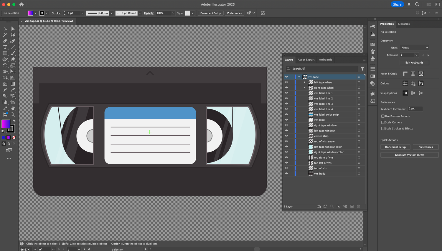 Vector illustration of a VHS tape (Illustrator project file with layers panel)