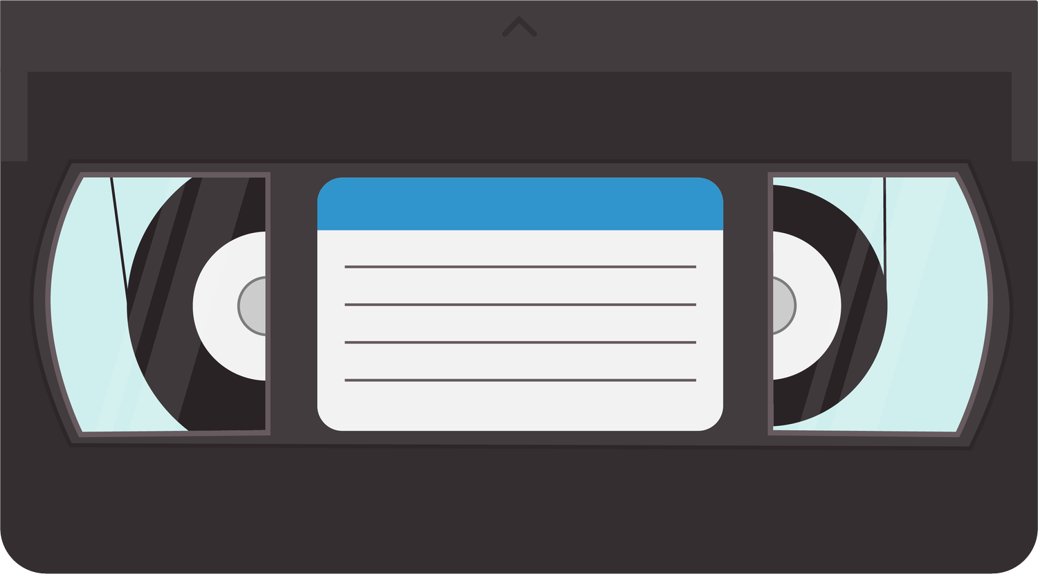Vector illustration of a VHS tape with a blue-striped label and tape reels visible in the windows